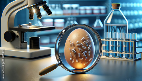 Laboratory setting with egg magnified to show bacteria, representing scientific analysis. Salmonella Enteritidis. Listeria monocytogenes. photo