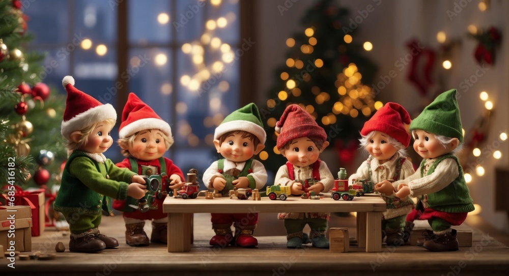 Miniature version of Santa Claus's workshop with elves working on toys and decorations. It is a charming and detailed representation of the magic of Christmas. Bokeh blur and Christmas spirit - obrazy, fototapety, plakaty 
