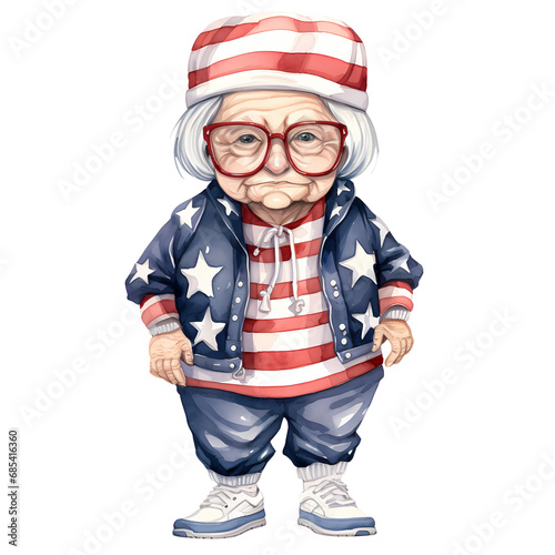 Cute Grandma Hiphop American Flag Watercolor Clipart Illustration © pisan