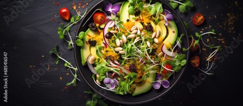 Vegan salad with micro greens, homemade, vegetarian, and healthy vitamin-rich snack.