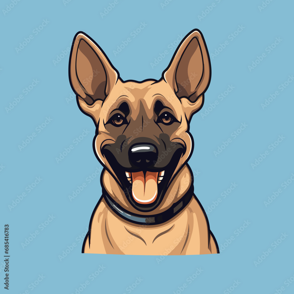 Happy Malinois puppy dog, plain background, cartoon 