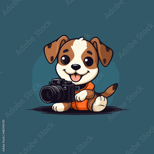 Happy photographer puppy dog, plain background, cartoon	