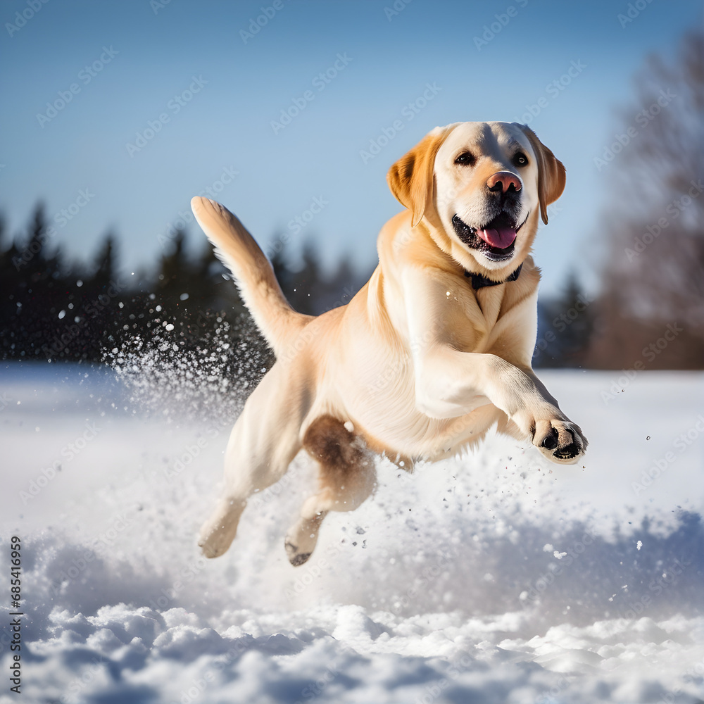 Happy Labrador Retriever dog running through the snow Happy Labrador Retriever dog running through the snow