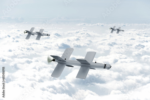 Fotografie Attack by a group of unmanned military kamikaze drone , flying in the sky above the clouds, Russian equipment