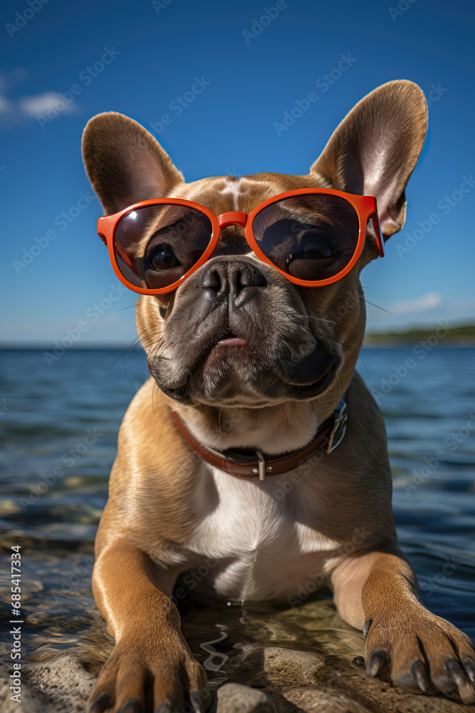 Frenchbulldog in the sunshine wearing sunglasses in the water on the beach chillin' like a villain