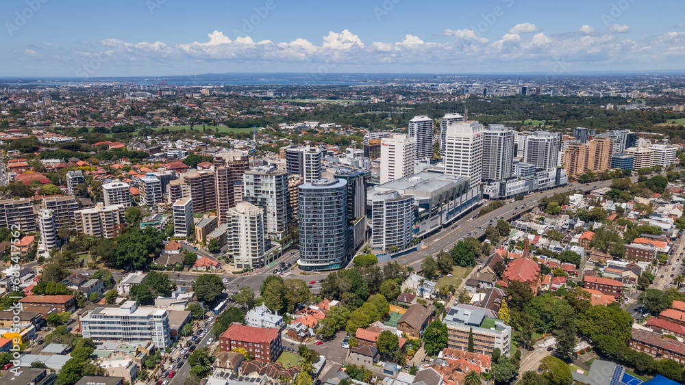 Aerial drone view of Bondi Junction in the Eastern Suburbs of Sydney, NSW Australia on a sunny day