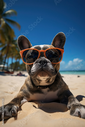 Frenchbulldog in the sunshine wearing sunglasses in the water on the beach chillin' like a villain © Fun it is