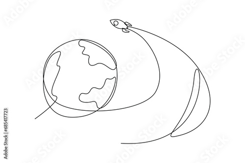 Continuous one line drawing Astronaut, planet and space object. space concept. Doodle vector illustration.