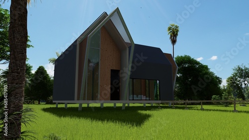Nordic style cafes with wooden lattice walkways and surrounding the lawn, a wooden bridge raising steps from the entrance to the house, a living room with a 3D design.