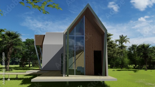 Nordic style cafes with wooden lattice walkways and surrounding the lawn, a wooden bridge raising steps from the entrance to the house, a living room with a 3D design.