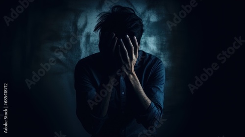 Schizophrenic man holding head in his hand, sad after receive bad news. Stressed boy confused with unhappy problem, cry and worry about unexpected work, down economy, bipolar