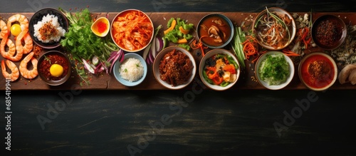 Various Korean traditional dishes. Asian cuisine. Overhead view, spread out, wide-angle shot.