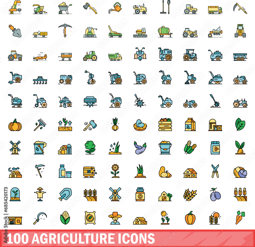 100 agriculture icons set. Color line set of agriculture vector icons thin line color flat on white 100 agriculture icons set. Color line set of agriculture vector icons thin line color flat on white