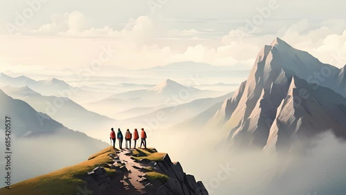 Minimal flat motion of a group of hikers crossing a narrow, winding mountain trail, with breathtaking views of a misty valley below. 2D cartoon animation. . photo