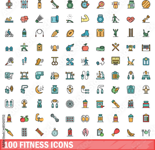 100 fitness icons set. Color line set of fitness vector icons thin line color flat on white