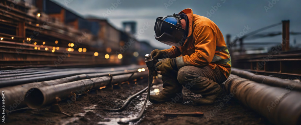 Skilled welder assembling durable pipelines for infrastructure project, well lit, but full of determination, the weather is cloudy but without rain, it is dark outside - obrazy, fototapety, plakaty 