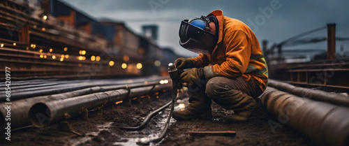 Skilled welder assembling durable pipelines for infrastructure project, well lit, but full of determination, the weather is cloudy but without rain, it is dark outside