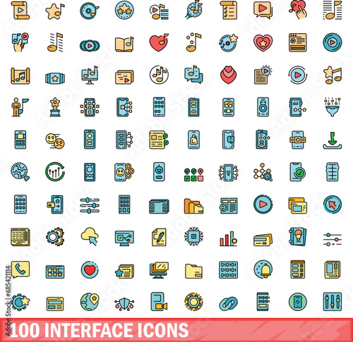 100 interface icons set. Color line set of interface vector icons thin line color flat on white
