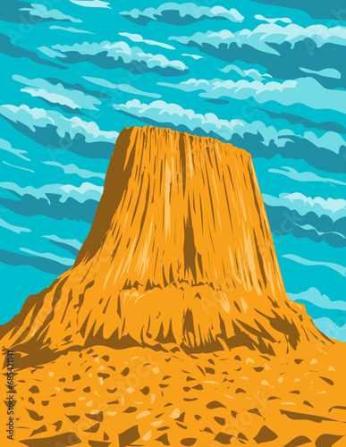 WPA poster art of Devils Tower in the Bear Lodge Ranger District of the Black Hills in Crook County, northeastern Wyoming USA done in works project administration or federal art project style.
 photo