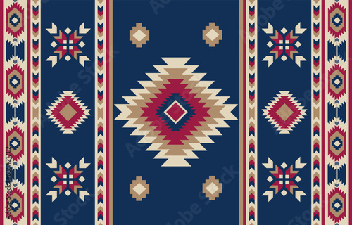 Ethnic tribal colorful blue background. Seamless tribal flower stripe pattern, folk embroidery, tradition geometric Aztec ornament. Tradition Native design for fabric, textile, print, rug, paper