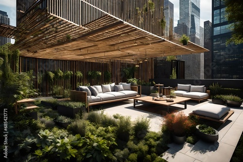 architectural rooftop design, chicago, relaxing vibe, nature, wide layout, pergola, plants and flowers © Malik