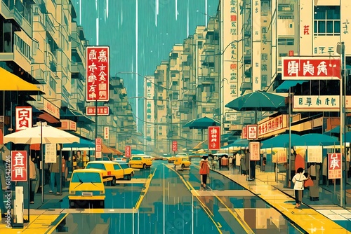 hong kong rainy day, signs, kowloon by Tatsuro Kiuchi, comic style 