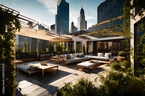architectural rooftop design, chicago, relaxing vibe, nature, wide layout, pergola, plants and flowers