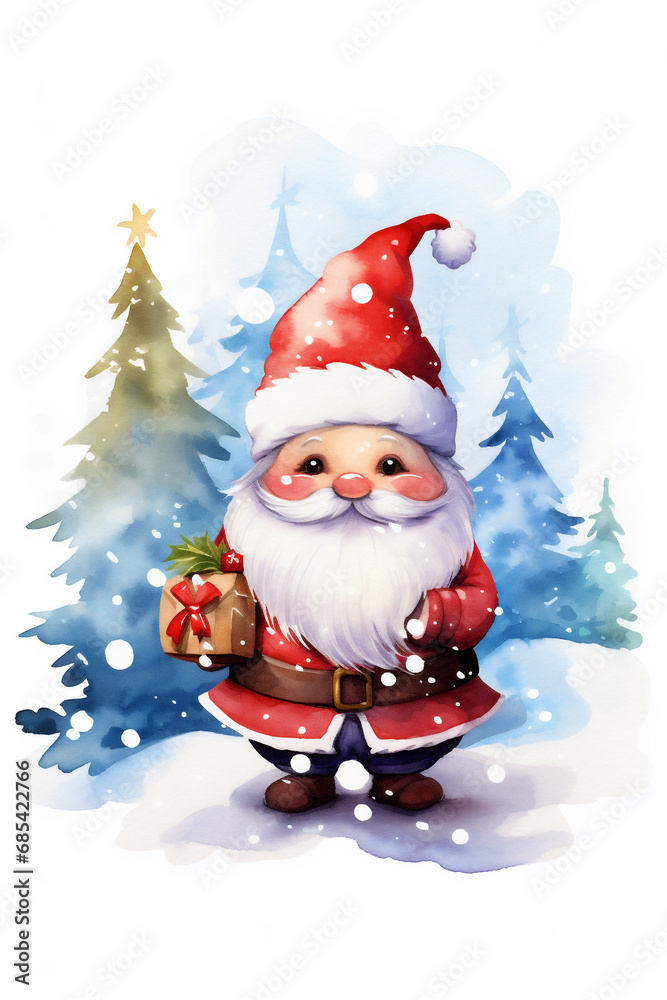 Watercolor Painting, Cute Christmas Gnome, Generative AI