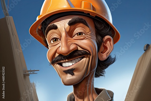 Caricature of smiling bearded construction worker with big mustache and yellow hardhad photo