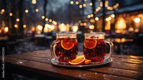 Two mugs of hot mulled wine on wooden table in Christmas market photo