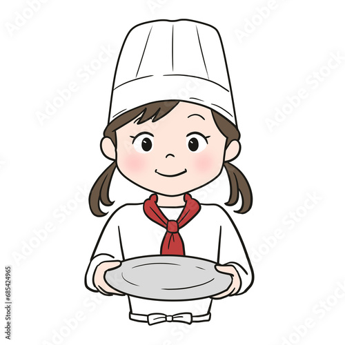 シェフ体験する女の子＆お皿（カラー）