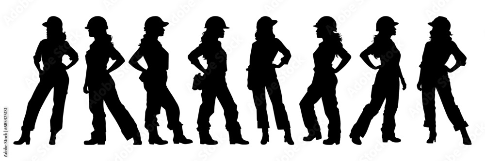 Female construction worker with helmet and work overall. Set of working woman in different poses and color options. Silhouette of female workers in uniform. Vector illustration isolated on white