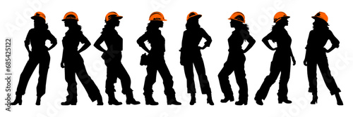 Female construction worker with helmet and work overall. Set of working woman in different poses and color options. Silhouette of female workers in uniform. Vector illustration isolated on white