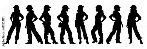 Female construction worker with helmet and work overall. Set of working woman in different poses and color options. Silhouette of female workers in uniform. Vector illustration isolated on white