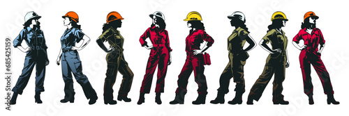 Female construction worker with helmet and work overall. Set of working woman in different poses and color options. Silhouette of female workers in uniform. Vector illustration isolated on white