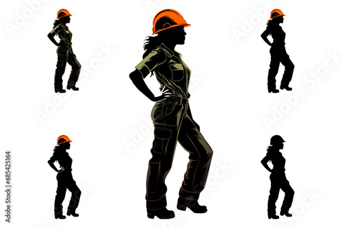 Female construction worker with helmet and work overall. Set of working woman in different poses and color options. Silhouette of female workers in uniform. Vector illustration isolated on white
