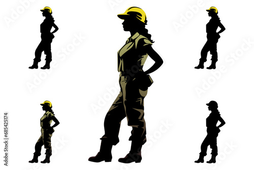Female construction worker with helmet and work overall. Set of working woman in different poses and color options. Silhouette of female workers in uniform. Vector illustration isolated on white