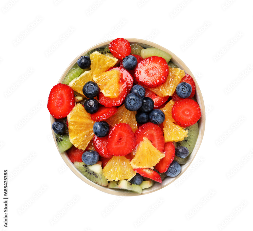 Tasty fruit salad in bowl isolated on white, top view