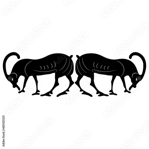 Symmetrical animal design or frame with two stylized goats or antelopes. Black and white silhouette. Ancient Greek vase painting style.