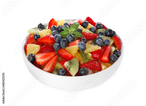 Tasty fruit salad in bowl isolated on white