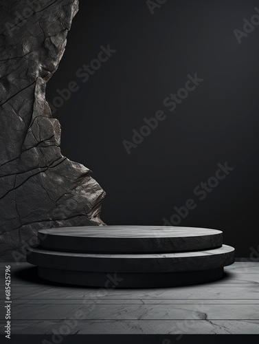 Stone and Rock shape 3d render illustration. Round podium, pedestal for brand product exhibition. Solid dark black color. Mockup template for ads design, copy space, generative ai © Nia™
