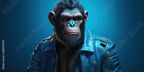 illustration of chimpanzee in a leather jacket, generative AI photo