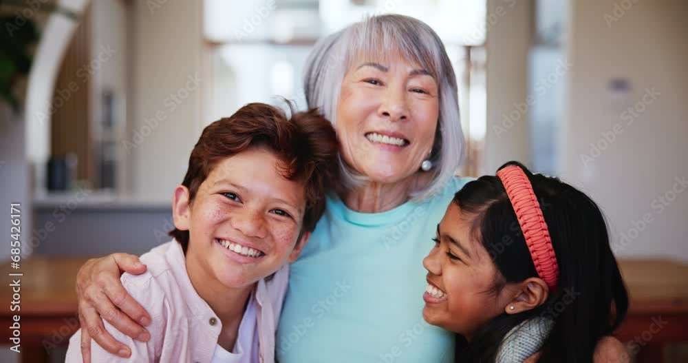 Face, smile and kids hug grandmother in home, care and trust, bonding and together. Portrait, happy children embrace grandma and support, family connection and interracial love of woman, girl and boy Face, smile and kids hug grandmother in home, care and trust, bonding and together. Portrait, happy children embrace grandma and support, family connection and interracial love of woman, girl and boy