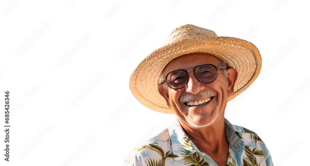 Portrait of a smiling, stylish elderly man wearing a hat and glasses with a happy face, isolated on transparent background