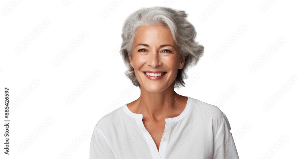 Portrait of a smiling stylish mature woman, happy face of an old senior woman isolated on transparent background - obrazy, fototapety, plakaty 
