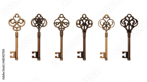 Antique Keys Collection Isolated on Transparent or White Background, PNG photo