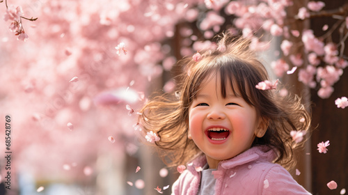 満開の桜の下で笑う日本人の女の子