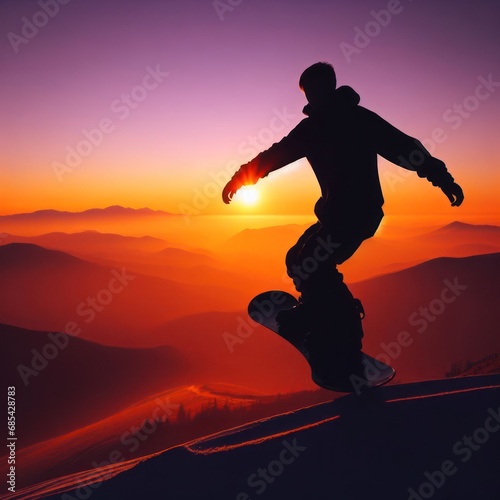 snowboarding in winter at sunset