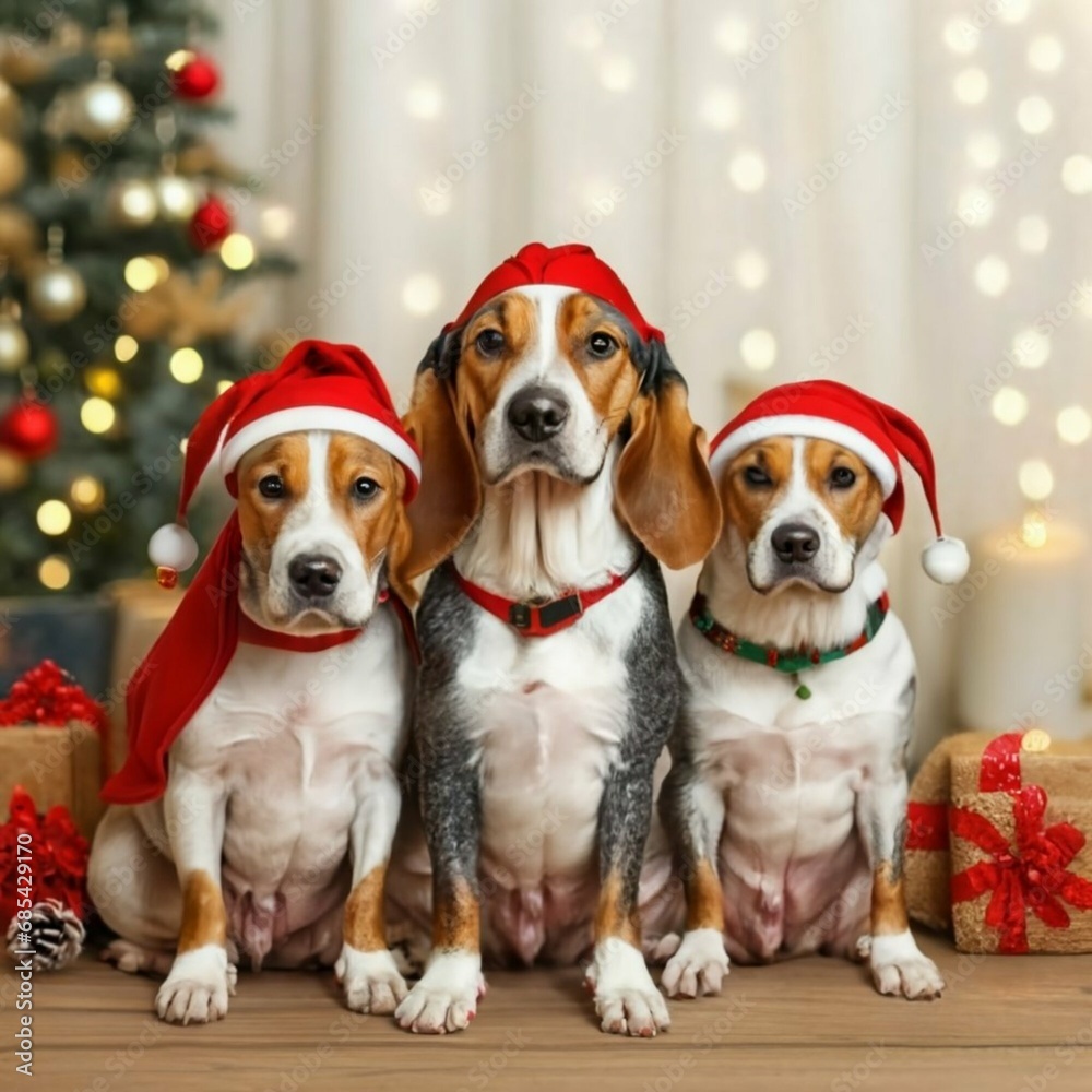En la imagen, se ven perros con gorros de Navidad en un ambiente festivo y nevado. Hay un árbol de Navidad decorado y regalos alrededor. Los perros transmiten alegría y felicidad en esta época especia