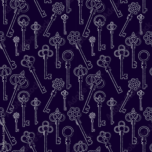 Chalk style antique keys on blue background pattern. Vector seamless pattern design for textile, fashion, paper and wrapping.